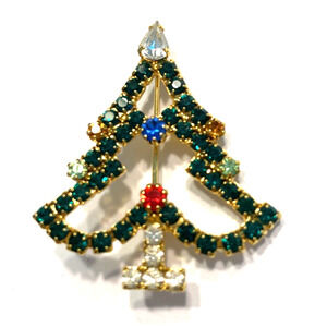 Rhinestones Christmas Tree Brooch Gold & Multicolor Mid Century Festive Pin